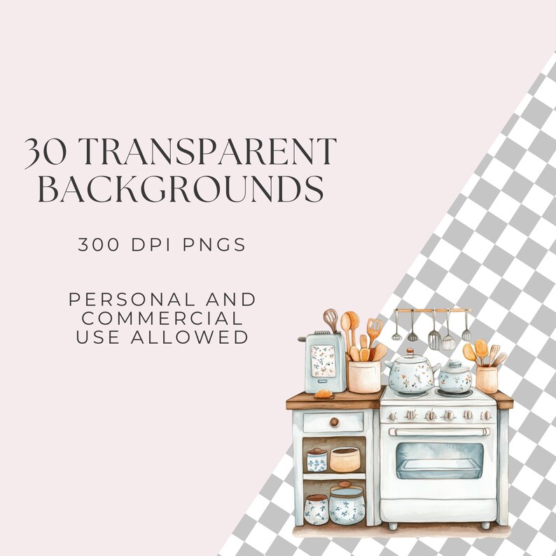 May include: A watercolour illustration of a white kitchen with a stove, cupboards, and various kitchen utensils. The kitchen is decorated with floral patterns and has a rustic charm.