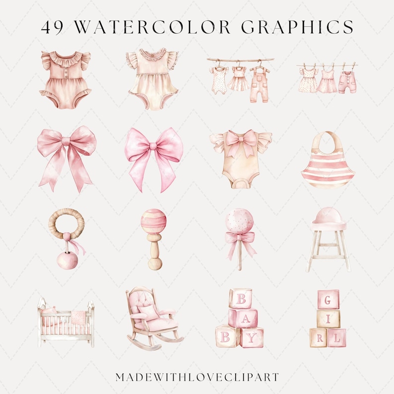 Op de afbeelding: Een set van 49 aquarelgrafische afbeeldingen met babythema. De afbeeldingen omvatten een wieg, een schommelstoel, blokken die 'BABY' en 'GIRL' spellen, een rammelaar, een kinderstoel, een slab, een strik en verschillende kledingstukken.