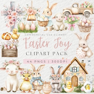 Watercolor Easter Clipart, Easter Bunny Clipart, Easter Eggs, Spring Clipart, Boho Easter, Easter Basket, Lamb, Chick, Tulips, Cute Easter