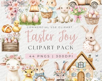 May include: A set of 44 Easter-themed digital clipart images, featuring bunnies, chicks, lambs, eggs, flowers, and a house. The clipart is perfect for creating invitations, cards, and other crafts. The images are in PNG format and are 300 DPI.