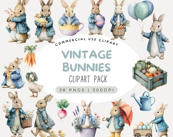 Clipart di coniglietto vintage blu acquerello, clipart di coniglio pasquale: 38 PNG trasparenti