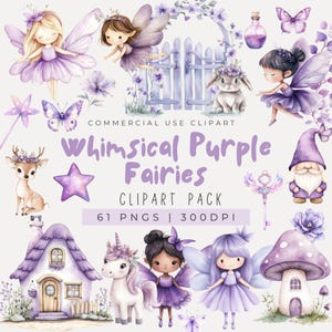 Clipart de fada roxa aquarela, clipart de jardim mágico, fada PNG, clipart de cogumelo, clipart encantado, unicórnio, gnomo roxo, casa de fadas