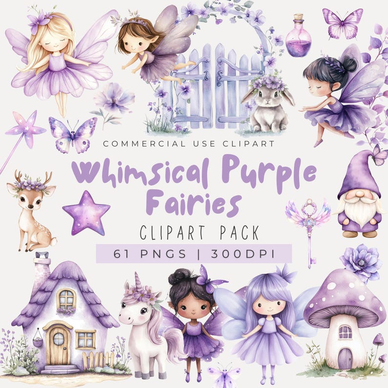 Watercolor Purple Fairy Clipart, Magical Garden Clipart, Fairy PNG ...