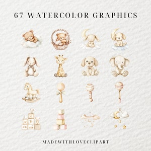 Op de afbeelding: 67 Aquarelgrafieken met schattige dierillustraties, waaronder een beer, een konijn, een giraffe, een hond, een olifant, een schommelpaard, een rammelaar, stapelblokken en een mobiel. De illustraties zijn in een zachte, gedempte kleurenpalet.