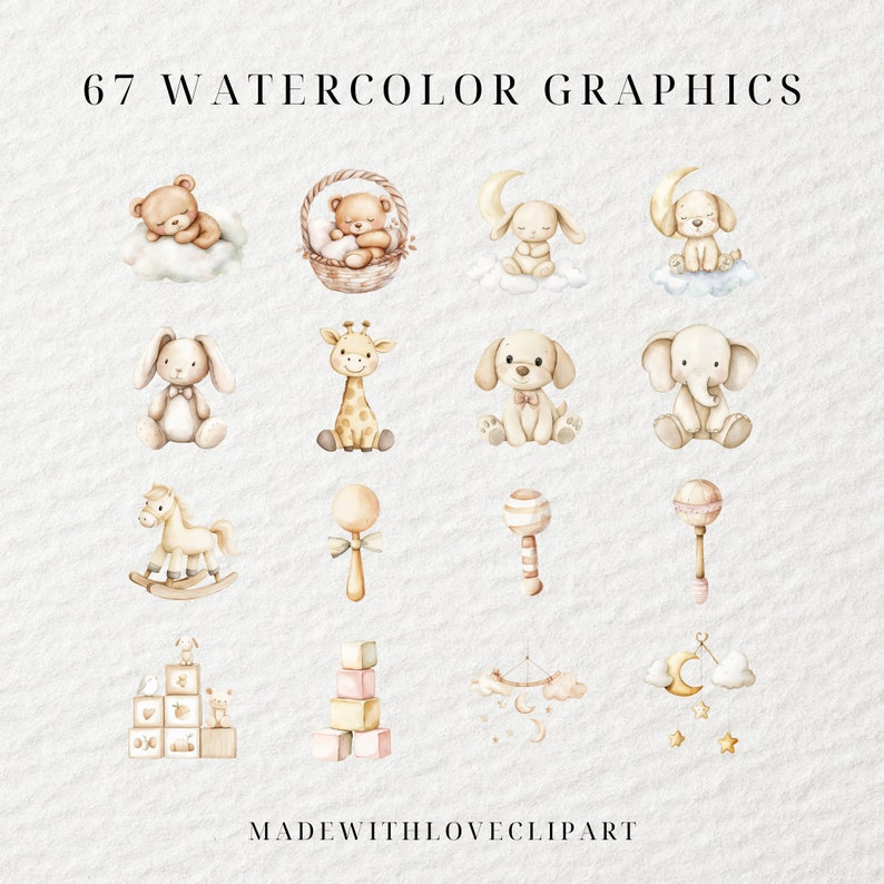Op de afbeelding: 67 Aquarelgrafieken met schattige dierillustraties, waaronder een beer, een konijn, een giraffe, een hond, een olifant, een schommelpaard, een rammelaar, stapelblokken en een mobiel. De illustraties zijn in een zachte, gedempte kleurenpalet.