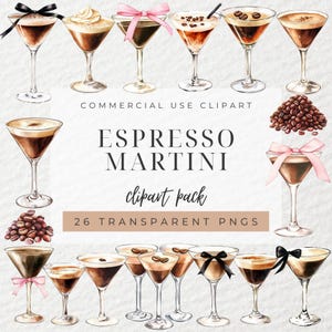 May include: A digital clipart pack of 26 watercolor illustrations of espresso martinis. The martinis are decorated with coffee beans, ribbons, and cherries. The text "Espresso Martini clipart pack 26 transparent PNGs" is displayed on the image.
