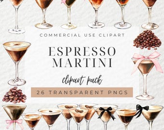 Pode incluir: Um pacote de clipart digital de 26 ilustrações de aquarela de espresso martini. Os martinis são decorados com grãos de café, fitas e cerejas. O texto "Espresso Martini clipart pack 26 transparent PNGs" é exibido na imagem.