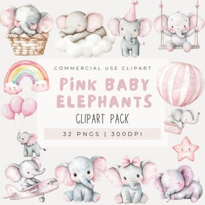 Clipart de elefante bebé en acuarela, clipart de elefante rosa, elefante niña, decoración de guardería, clipart de baby shower, globo aerostático, avión