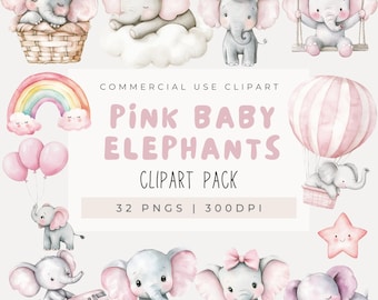 Clipart de elefante bebé en acuarela, clipart de elefante rosa, elefante niña, decoración de guardería, clipart de baby shower, globo aerostático, avión