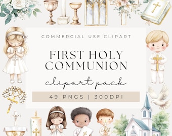 Watercolor First Holy Communion Clipart, Religious Clipart, Christian Clipart, First Communion, Catholic Clipart, Praying, Bible, Church
