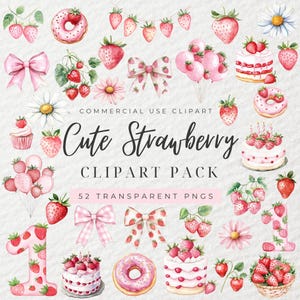 Clipart de fresa de acuarela, clipart de primer cumpleaños con bayas, clipart de lazo de fresa, clipart de postre de fresa, baby shower, clipart de frutas