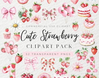 Watercolor Strawberry Clipart, Berry First Birthday Clipart, Strawberry Bow Clipart, Strawberry Dessert Clipart, Baby Shower, Fruit Clipart