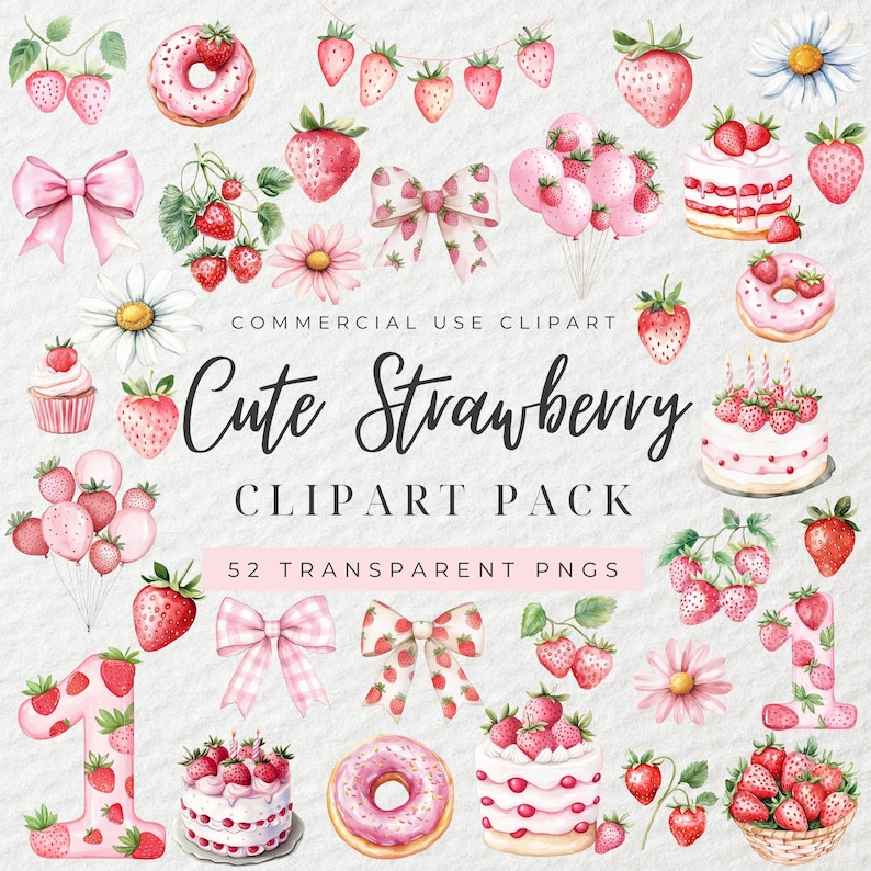 Puede incluir: Un conjunto de 52 im&aacute;genes de clipart de acuarela con fresas, donuts, lazos, pasteles y globos. Las im&aacute;genes son perfectas para crear invitaciones, tarjetas y otras manualidades.