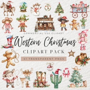 Aquarell Western Weihnachtscliparts, Texas Weihnachtscliparts, wilde Westen Clipart, Weihnachtscliparts, Weihnachten Cowboy, Santa, Rentier, PNG