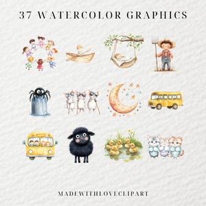 May include: A set of 37 watercolour graphics featuring various illustrations, including children playing, a spider, a crescent moon, a school bus, a black sheep, ducks in a pond, and kittens. The graphics are perfect for adding a touch of whimsy to your projects.