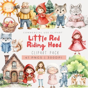 Aquarel roodkapje clipart, kinderrijmpjes clipart, decor van de kinderkamer, kinderverhalenboek clipart, schattige wolf clipart, sprookje