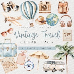 Clipart di viaggio vintage ad acquerello, Clipart di vacanza, Clipart estiva, Clipart di vacanza al mare, Vacanza, Viaggio, Avventura, Viaggio su strada, PNG