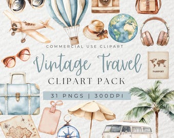 Watercolor Vintage Travel Clipart, Holiday Clipart, Summer Clipart, Beach Holiday Clipart, Vacation, Traveling, Adventure, Road Trip, PNG