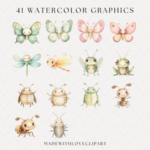 May include: Watercolor graphics featuring various insects, including butterflies, dragonflies, beetles, and ants. The illustrations are in soft pastel colors, with the text "41 WATERCOLOR GRAPHICS" at the top and "MADEWITHLOVECLIPART" at the bottom.
