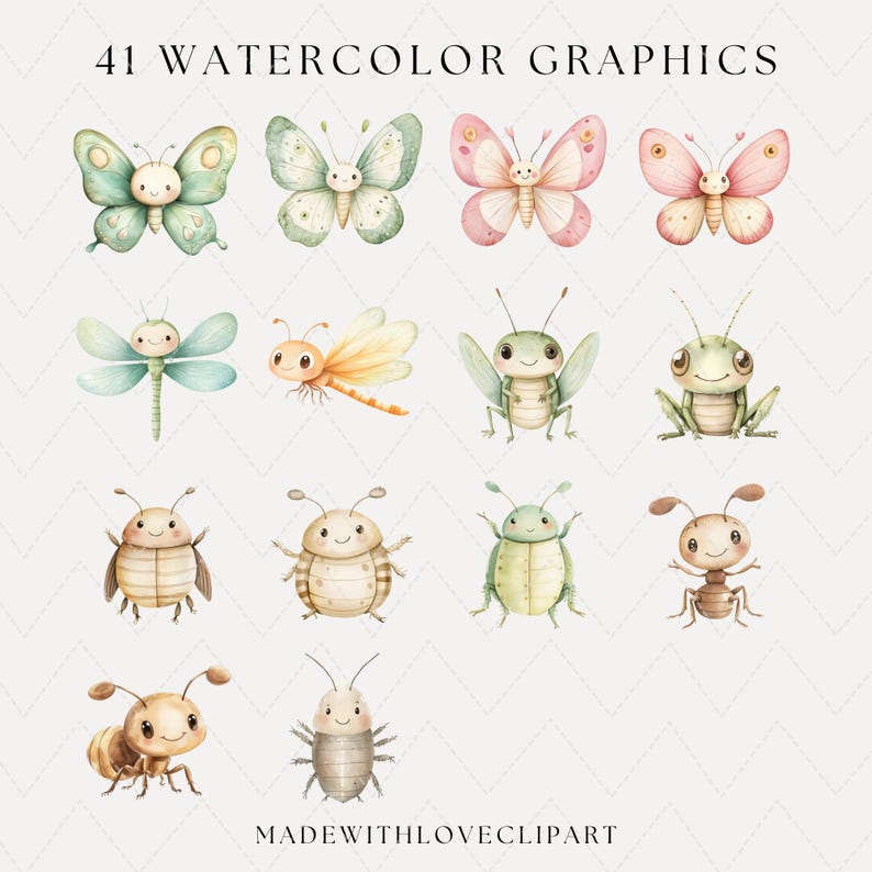 May include: Watercolor graphics featuring various insects, including butterflies, dragonflies, beetles, and ants. The illustrations are in soft pastel colors, with the text "41 WATERCOLOR GRAPHICS" at the top and "MADEWITHLOVECLIPART" at the bottom.