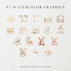 Op de afbeelding: 67 Aquarelgrafiek met verschillende babythema's, waaronder teddyberen, wiegjes, schommelstoelen en kinderwagens. De illustraties zijn geschilderd in een zachte aquarelstijl en zijn perfect voor gebruik in scrapbooking, kaartmaken en andere knutselprojecten.
