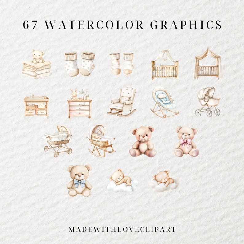 Op de afbeelding: 67 Aquarelgrafiek met verschillende babythema's, waaronder teddyberen, wiegjes, schommelstoelen en kinderwagens. De illustraties zijn geschilderd in een zachte aquarelstijl en zijn perfect voor gebruik in scrapbooking, kaartmaken en andere knutselprojecten.