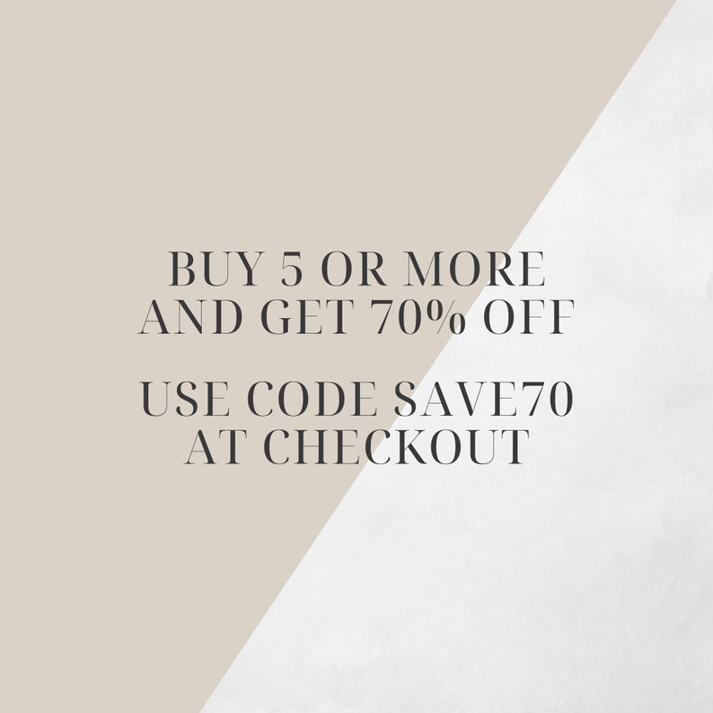 May include: Text on a beige and white background that reads "BUY 5 OR MORE AND GET 70% OFF USE CODE SAVE70 AT CHECKOUT"