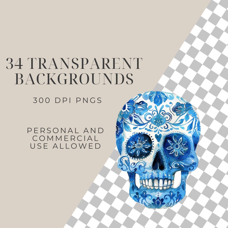 May include: A blue and white sugar skull with intricate floral designs. The skull is isolated on a transparent background.