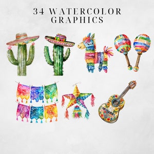 May include: A set of 34 watercolor graphics featuring a variety of Mexican fiesta themes, including cacti, sombreros, pinatas, maracas, and a guitar. The graphics are painted in bright, vibrant colors.