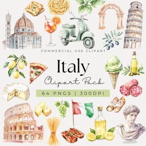 Aquarel Italië clipart, mediterrane clipart, zomer clipart, Amalfikust, Rome, Italiaans eten, olijven, citroenen clipart, pizza, pasta, png