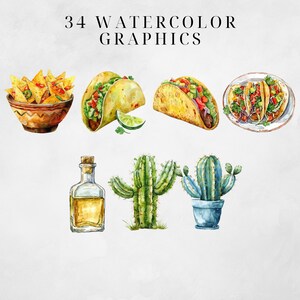 May include: Watercolor illustrations of Mexican food and cacti. The illustrations include tacos, nachos, tequila, and cacti. The illustrations are in a watercolor style and are perfect for use in a variety of projects.