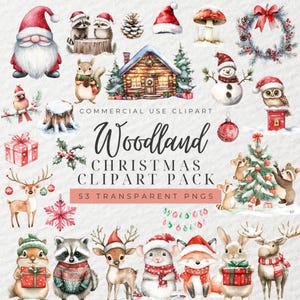 Clipart di Natale del bosco ad acquerello, Clipart di animali di Natale, Animali carini della foresta, Clipart di vivaio, Gnomo di Babbo Natale, Foresta invernale di Natale, PNG