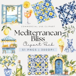Aquarel mediterrane clipart, citroenen clipart, mediterrane tegel, zomer clipart, Italië clipart, Amalfikust, olijf clipart, Azulejo