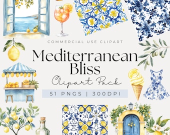 Watercolor Mediterranean Clipart, Lemons Clipart, Mediterranean Tile, Summer Clipart, Italy Clipart, Amalfi Coast, Olive Clipart, Azulejo