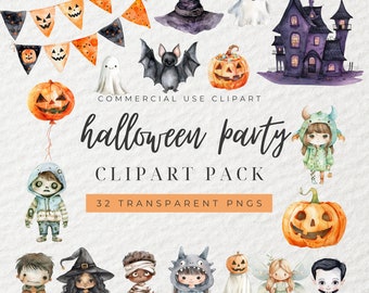 Watercolor Halloween Party Clipart, Halloween Clipart, Spooky Clipart, Calling all Monsters, Kids Costume Party, Spooktacular Clipart, PNG