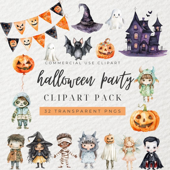Watercolor Halloween Party Clipart, Halloween Clipart, Spooky Clipart, Calling all Monsters, Kids Costume Party, Spooktacular Clipart, PNG