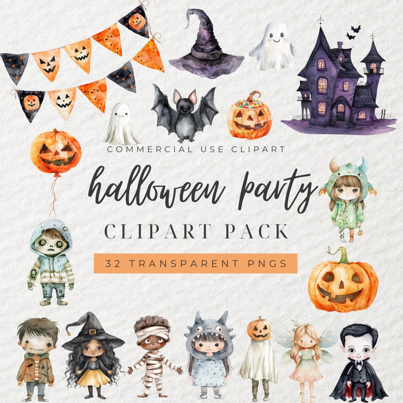May include: A set of 32 Halloween party clipart images. The images include a haunted house, ghosts, bats, pumpkins, witches, mummies, and other Halloween characters. The images are in a watercolor style and are perfect for creating invitations, cards, and other Halloween crafts.