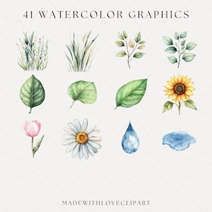 May include: Watercolor graphics featuring various botanical elements. Includes illustrations of leaves, flowers like a sunflower and daisy, grass, and a water droplet. The text "41 WATERCOLOR GRAPHICS" is at the top, and "MADEWITHLOVECLIPART" is at the bottom.