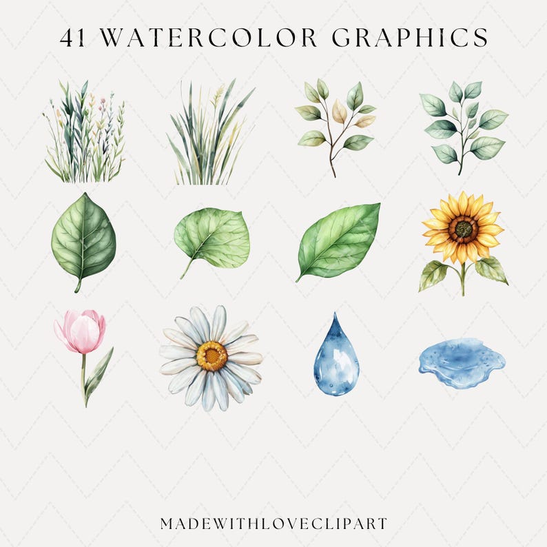 May include: Watercolor graphics featuring various botanical elements. Includes illustrations of leaves, flowers like a sunflower and daisy, grass, and a water droplet. The text "41 WATERCOLOR GRAPHICS" is at the top, and "MADEWITHLOVECLIPART" is at the bottom.