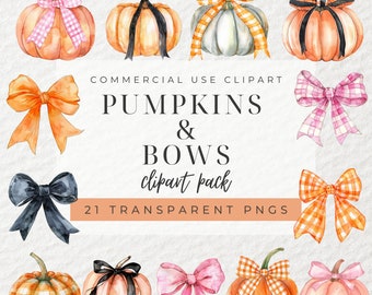 Watercolor Pumpkin Bows Clipart, Fall Thanksgiving PNG (Digital Download)