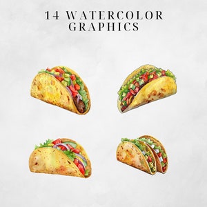 May include: Watercolor illustrations of four different tacos. The tacos are filled with various ingredients, including lettuce, tomatoes, onions, and meat. The tacos are drawn in a realistic style, with vibrant colors and detailed textures.