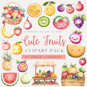 Watercolor Cute Fruit Clipart, Farm Clipart, Farmers Market, Healthy Food, Fruit Market, Garden, Summer Fruits, Kawaii Fruit, Fresh Food
