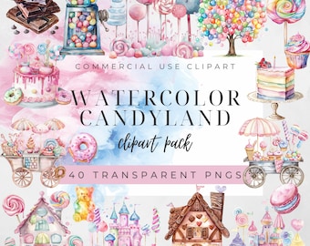 Paquete de imágenes prediseñadas de Candyland de acuarela, imágenes prediseñadas de postres, imágenes prediseñadas de helado, imágenes prediseñadas de dulces, helados, golosinas de verano, dulces de cumpleaños, cupcakes