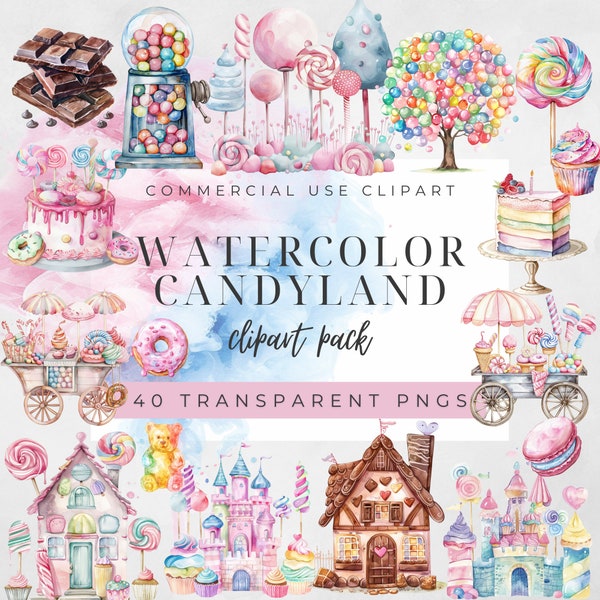 Watercolor Candyland Clipart Bundle, Desserts Clipart, Ice Cream Clipart, Sweets Clipart, Ice Cream, Summer Treats, Birthday Sweets, Cupcake