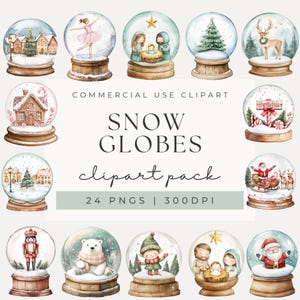 May include: A collection of watercolor snow globes with various holiday themes. Each globe features a different scene, including a Christmas tree, a ballerina, a nativity scene, and Santa Claus. The text "SNOW GLOBES clipart pack" is also visible.