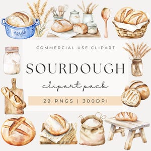 Op de afbeelding: Een aquarel-illustratie van een zuurdesembrood clipart-pakket. Het pakket bevat 29 PNG-bestanden met 300 DPI. De illustratie toont verschillende soorten zuurdesembrood, waaronder broden, broodjes en baguettes, evenals bloem, een houten snijplank en een rustieke kruk.