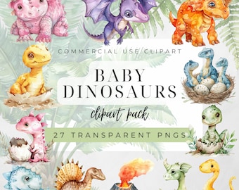 Watercolor Baby Dinosaur Clipart, Cute Dino Clipart, Nursery Decor, Baby Shower Clipart, Dinosaur Birthday Party, TRex, Dino PNG