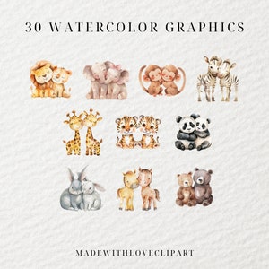 May include: 30 watercolor graphics featuring cute animal couples. The animals are drawn in a whimsical style with soft colors. The animals include a lion, elephant, monkey, zebra, giraffe, tiger, panda, rabbit, horse, and bear.