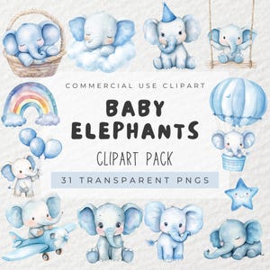 Aquarel babyolifant clipart, blauwe olifant clipart, babyjongen olifant, decor kinderkamer, babyshower clipart, heteluchtballon, vliegtuig