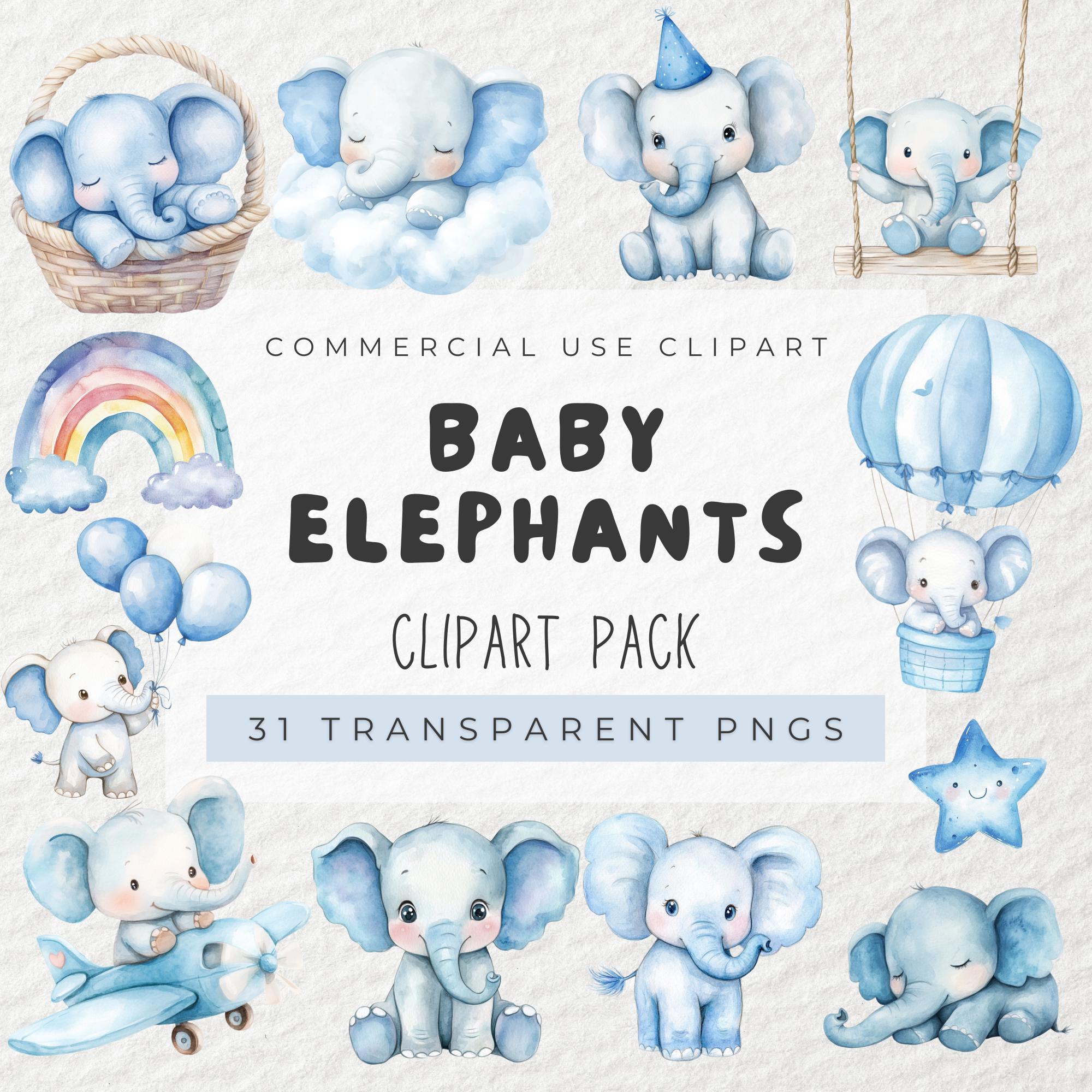 Watercolor Baby Elephant Clipart, Blue Elephant Clipart, Baby Boy ...